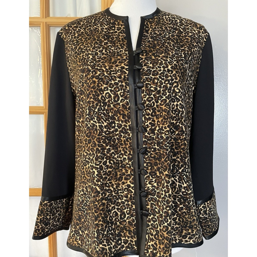Vtg 80s Maggie Barnes Button Jacket Sz S Leopard Print Black Brown Career Party